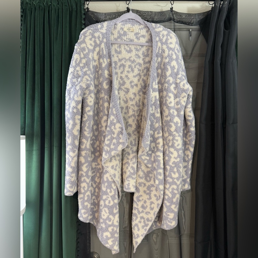 UGG Women's Phoebe Wrap Open Draped Cardigan Cloudy Grey Leopard Size XL